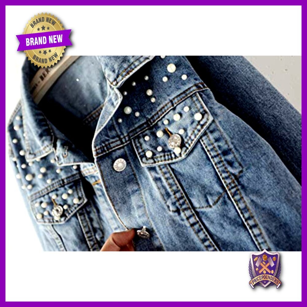 Oversized Denim Jacket Embroidered Pearl Beading Distressed Boyfriend Fit - Picture 2 of 7